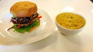 Mushroom chana burger with bowl of kitchari at Baagan in San Ramon