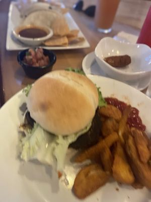 Black bean burger with fries  at Outer Banks Brewing Station in Kill Devil Hills