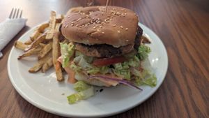 Smokes Gouda beyond meat Burger and fresh cut fries  at The Healthier Place to Eat in Pocatello