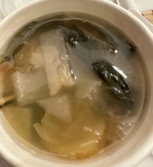 Seasonal medicinal soup the lady insisted I have and wow was it good!  at Vegetarian Service in Hong Kong Island
