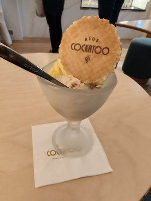Pineapple and lemongrass sorbet along with Oatly Hokey Macadamia. at Blue Cockatoo Dessert Bar in Dunedin