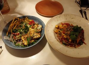Tofu salad (with crispy noodles) and Pad Thai at Gingerbaby Restaurant and Bar in Queenscliff
