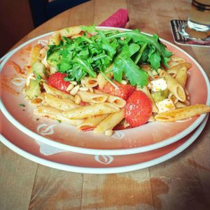 Chilly and strawberry pasta at brennNessel in Dresden