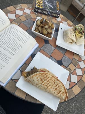 Vegan breakfast sandwich and rosemary home fries.  at Green Goddess Cafe in Stowe