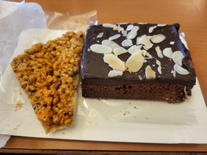 Vegan Nussecke and vegan chocolate cake at Heller's Vegetarisches Restaurant & Cafe in Mannheim