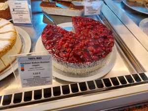 Raspberry coconut cake at Heller's Vegetarisches Restaurant & Cafe in Mannheim