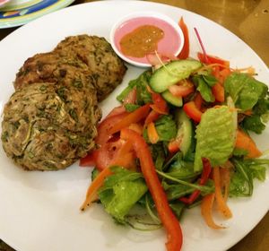 My favorite meal at Nagila is the herb latkes. They are generous, moist, delicious, made even more special with the tahina with beet juice for dipping. the portions are generous, and the salad is always fresh and interesting, with a simple oil and lemon dressing. No sugar, lots of taste! at Nagila in Jerusalem