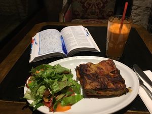 Lasagne with salad and a fresh apple/carrot/ginger juice at Nagila in Jerusalem