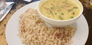 Vegetable curry with coconut cream: chickpeas, green beans, broccoli and sweet potatoes. With whole rice.  at Nagila in Jerusalem