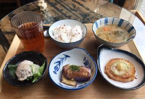 Japanese 3 deli with rice, miso soup and tea  at MUM Veggie Cafe in Hong Kong Island