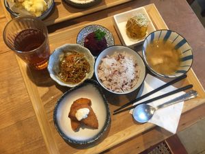 Japanese meal set: Potato cake, burdock, pumpkin, purple sweet potato at MUM Veggie Cafe in Hong Kong Island