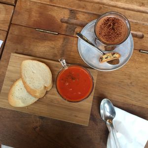 Dark Chocolate (with almond milk) and Tomato soup at MUM Veggie Cafe in Hong Kong Island