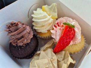Choc cupcake (my fave!); Lemon curd cupcake, Strawberry shortcake cupcake $3 each at Queen Pea in Balmain