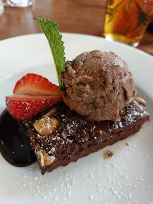 Chocolate brownie, chocolate ice cream, chocolate sauce at Bistro Pierre in Liverpool