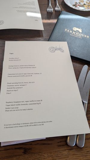 Separate vegan menu at The Farmhouse at Redcoats in Hitchin