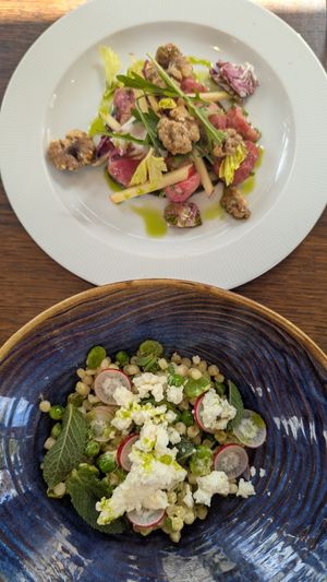 Beetroot & walnut waldorf - pea & bean fregola at The Farmhouse at Redcoats in Hitchin