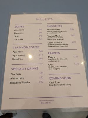 Drinks menu at Suculenta Repostería Condesa in Mexico City