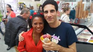 HappyCow Ken enjoying a big cone of assorted flavors with Laura. at iceDate - Amalienstt in Munich