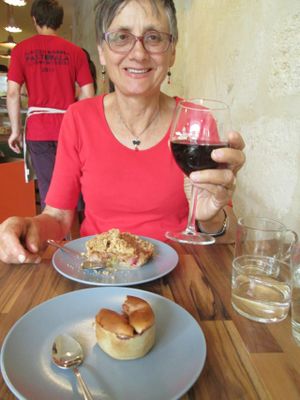 Organic wine available. Desserts shown are a vegan clafouti (with banana, my husband ate two!) and a fruit crumble (which contained 'a little butter'). at La Cuisine de Johanna in Bordeaux