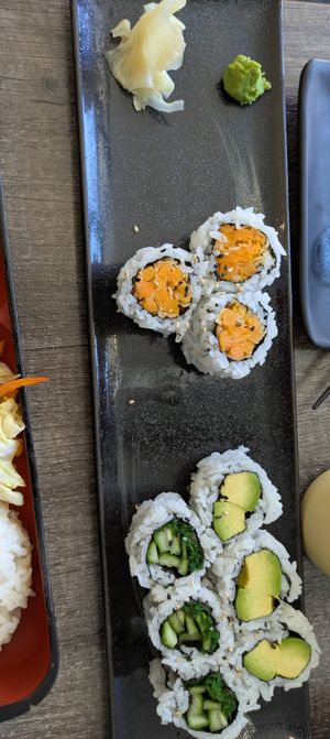 Veggie maki, sweet potato was tempura with egg, but cucumber and avocado were vegan. at Sushi-Ro in Ottawa