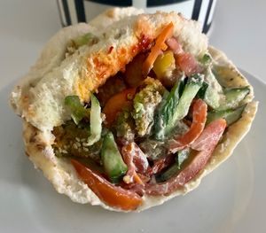 Falafel with hot sauce sandwich at Al Baghl Restaurant in Dubai