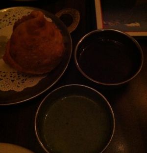 Maharaja samosa with chutneys at Annapurna Cafe in Seattle
