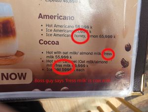 Bossguy told me 'fress milk' on the menu = cow milk. They also offer honey. at Reunion Cafe Luang Prabang in Luang Prabang
