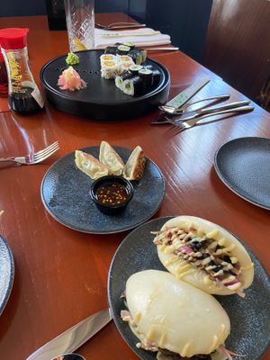 Vegan sushi platter, veg gyozas and mushroom bao buns.  at Rasa Restaurant in Lichfield in Lichfield