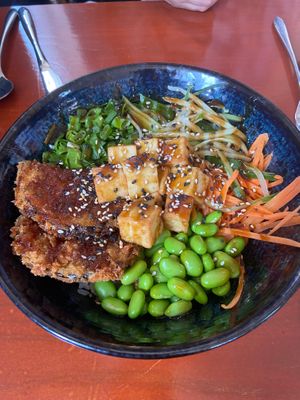 Vegan Poke bowl with tofu and aubergine in panko breadcrumb  at Rasa Restaurant in Lichfield in Lichfield