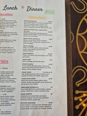 Dedicated vegan menu!! at The Spanglish Mexican restaurant in Layton