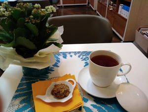 Rooibos tea in a cup with a cover accompanied by vegan biscuit. at Mondo di Eutepia in Bologna