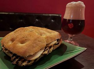 Focaccia with melanzane and almond mozzarella   at Ancora 85 in Marzamemi