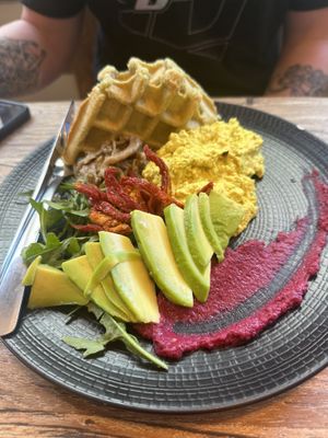Savoury vegan waffles  at Kayu Cafe in 