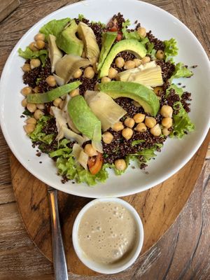 Red Quinoa Chickpea Salad - with avocado as they don’t have vegan feta   at Kayu Cafe in 