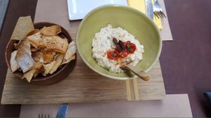 hummus and lavosh chips  at Bi Nevi Deli in Istanbul