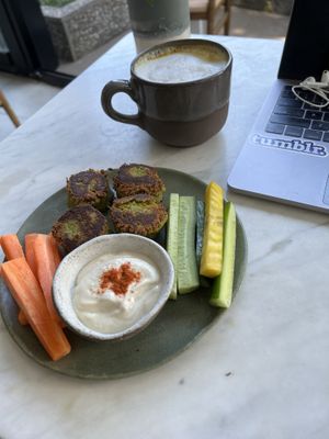 Mini falafel and turmeric latte (almond milk)   at Bi Nevi Deli in Istanbul