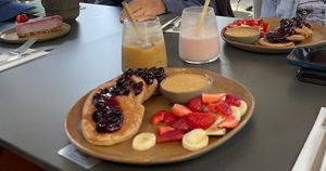 Gluten-free pancakes, strawberry cheesecake, latte and strawberry smoothie   at Bi Nevi Deli in Istanbul