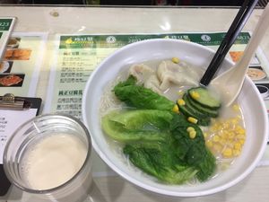 My set - homemade soymilk and noodle soup with veggie dumplings at Jane Bean Juice - Wanchai in Hong Kong Island