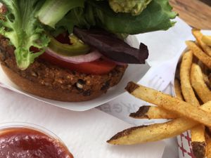 Vegan PDXMex burger and house fries at Earth Burgers - Food Cart in Portland