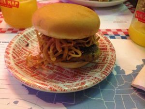 BBQ vegan burger: soy burger, barbecue sauce, onion strings and garlic mayo. at The Burger Map in Santo Andre