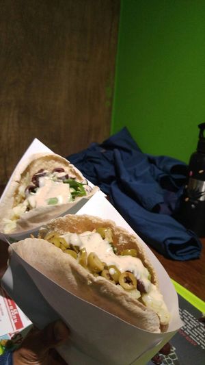 Two falafel pockets. You pick your own veggies and sauces. Great value! at Maoz in Sao Paulo