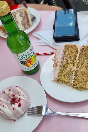 Strawberry & white chocolate doughnut + Sponge cake at Ruby's of London in South East London