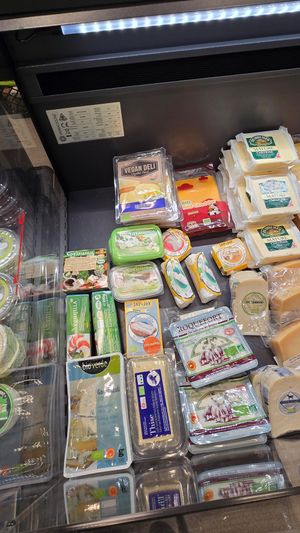 Vegan cheezes at Odin cooperative supermarket Ceintuurbaan  in Amsterdam