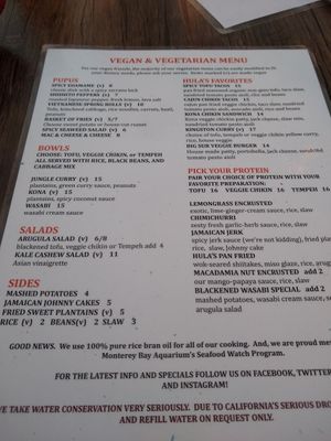Vegan/vegetarian menu at Hula's Island Grill in Monterey