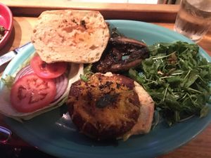 Big Sur Meatless burger with the impossible patty, veg cheese and veg aioli  (vegan) at Hula's Island Grill in Monterey