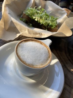 Oat milk macchiato and avocado toast  at The Argonaut  Farm to Fork Cafe in Coloma
