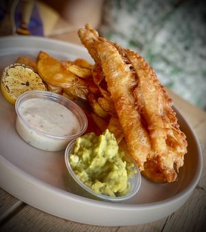 Vegan Fish and Chips with Mushy Peas and Tartare Dauce  at Cafe Needles Eye in Newbiggin-by-the-sea
