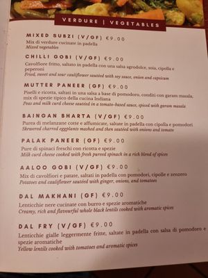 An exampme of options V means vegan at Sitar in Rome