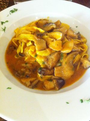 Tagliatelle with mushrooms and home-made tomato sauce. at Nuraghe in Vilanova I La Geltru