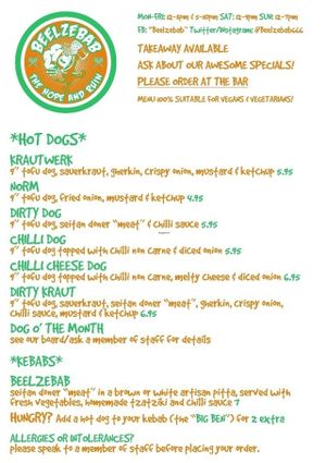 Menu at Beelzebab in Brighton